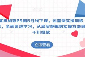 某机构第29期6月线下课，运营型实操训练营，全面系统学习，从底层逻辑到实操方法到千川投放