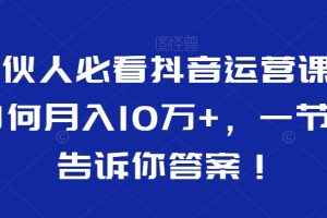 合伙人必看抖音运营课，如何月入10万+，一节课告诉你答案！