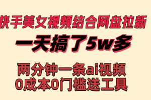 快手美女视频结合网盘拉新，一天搞了50000 两分钟一条Ai原创视频，0成…