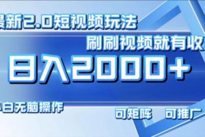 最新短视频2.0玩法，刷刷视频就有收益.小白无脑操作，日入2000+