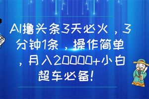 AI撸头条3天必火，3分钟1条，操作简单，月入20000+小白超车必备！