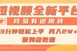 全新短视频平台，网易有道搬砖，月入1W+，平台处于发展初期，正是入场最…