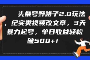 头条号野路子2.0玩法，纪实类视频改文章，3天暴力起号，单日收益轻松破500+