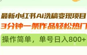 最新小红书Ai洗稿变现项目 3分钟一条作品轻松热门 操作简单，单号日入800+