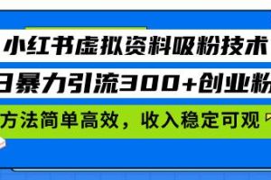 小红书虚拟资料吸粉技术，日暴力引流300+创业粉，方法简单高效，收入稳…