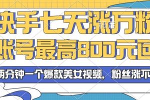 2024年快手七天涨万粉，但账号最高800元回收。两分钟一个爆款美女视频