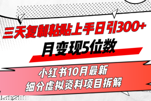 三天复制粘贴上手日引300+月变现5位数小红书10月最新 细分虚拟资料项目…