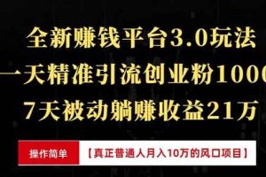 全新裂变引流赚钱新玩法，7天躺赚收益21w+，一天精准引流创业粉1000+，…